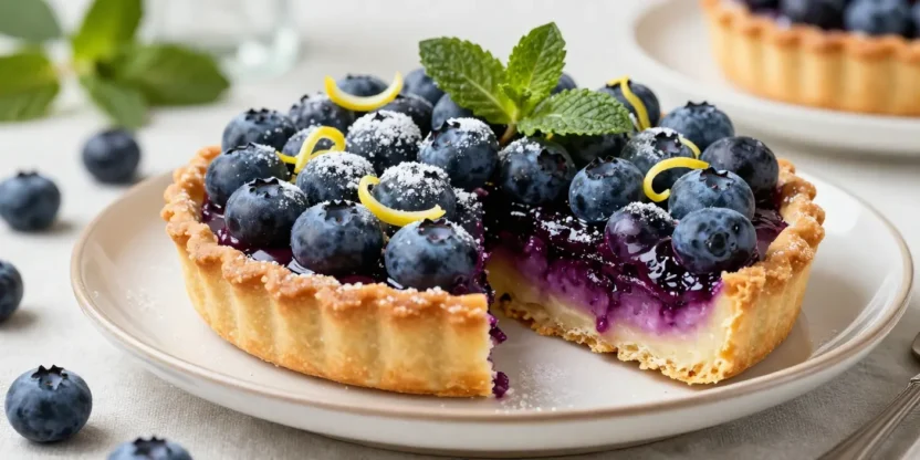Homemade blueberry tart with a golden crust and fresh juicy blueberries beautifully styled for a summer dessert table.