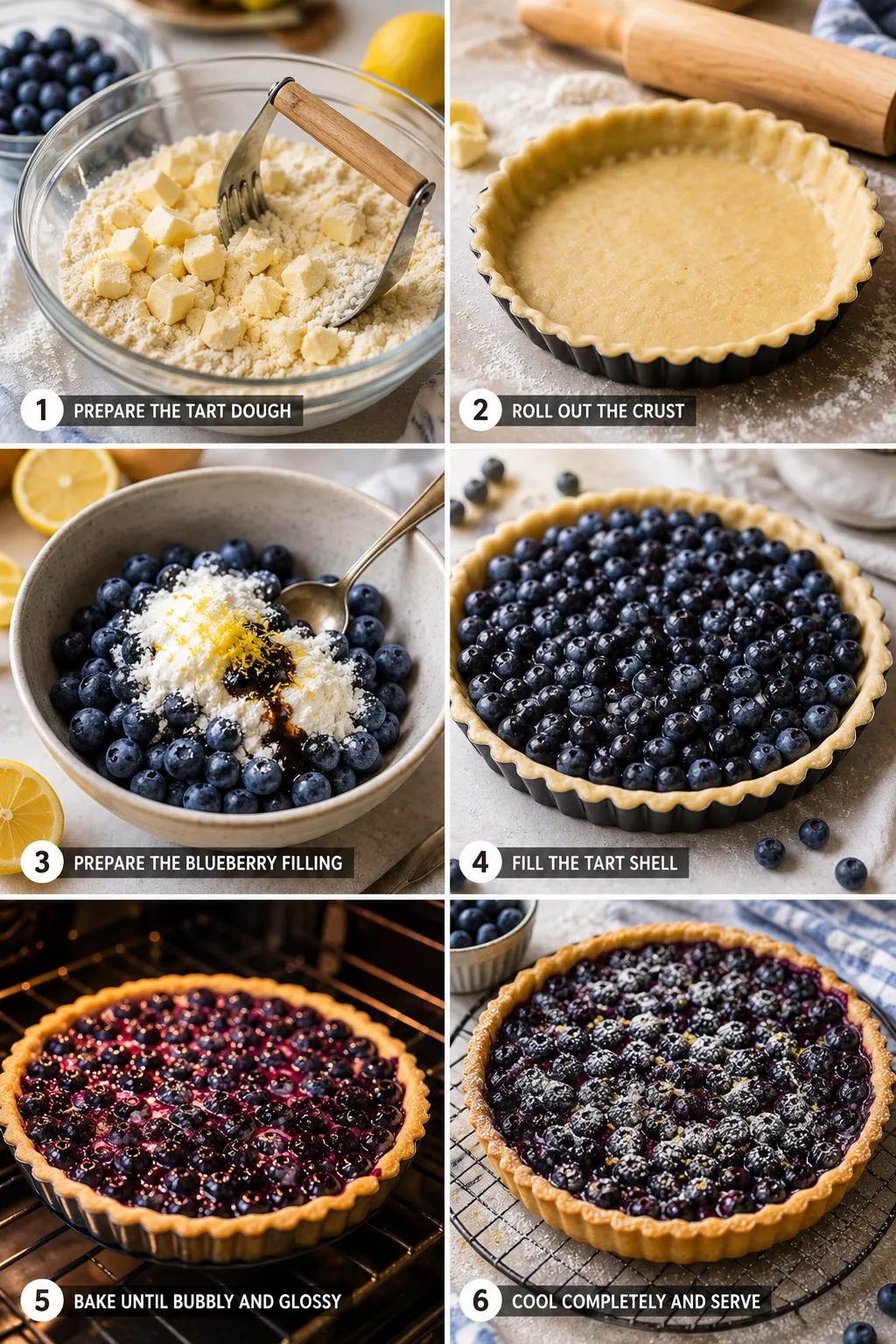 Three-frame collage showing flaky tart crust, juicy blueberry filling, and a sliced blueberry tart highlighting contrasting textures.