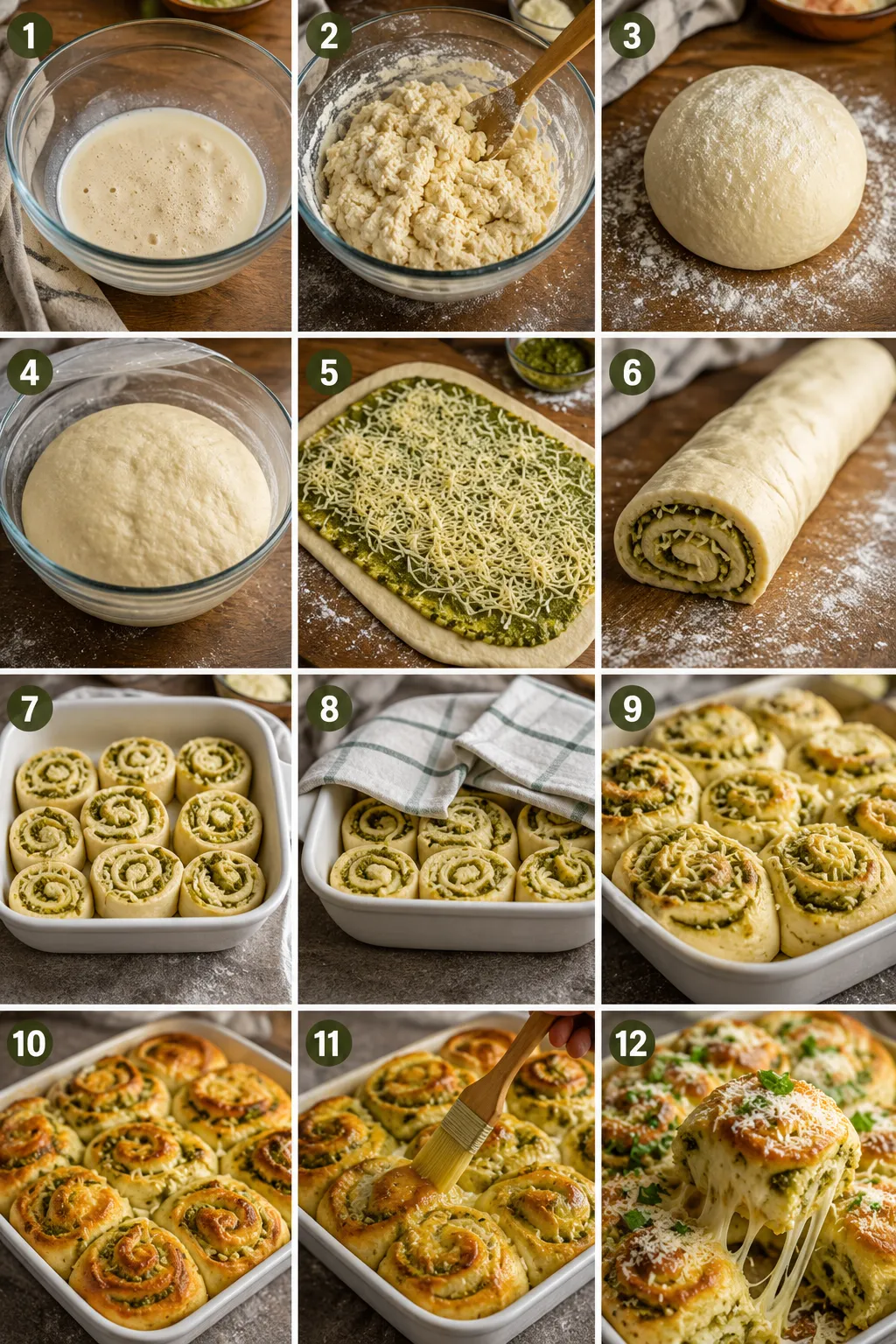 Three-frame collage featuring cheesy pesto rolls served with soup, family dinners, and holiday appetizer spreads.
