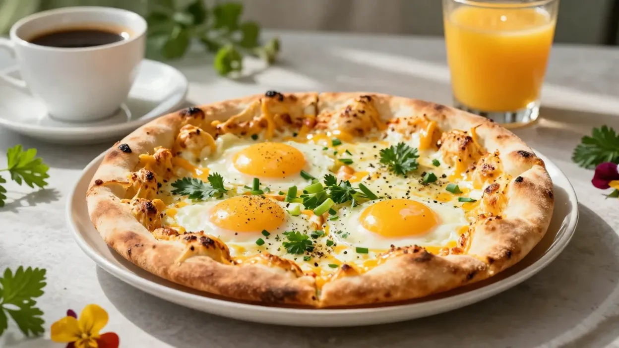 Beautifully styled cheesy garlic naan breakfast pizza with baked eggs, melted cheese, and fresh herbs in a cozy brunch-inspired setting.