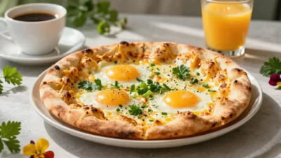 Beautifully styled cheesy garlic naan breakfast pizza with baked eggs, melted cheese, and fresh herbs in a cozy brunch-inspired setting.