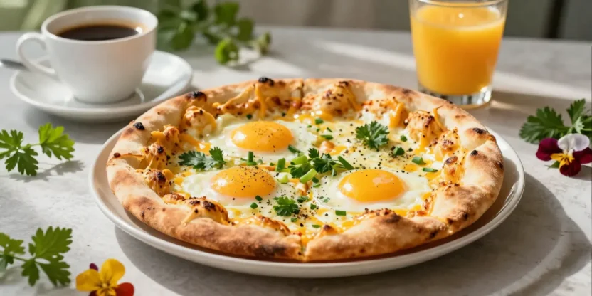 Beautifully styled cheesy garlic naan breakfast pizza with baked eggs, melted cheese, and fresh herbs in a cozy brunch-inspired setting.