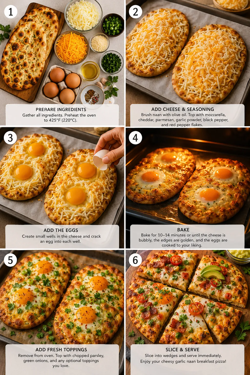 Vertical collage showing the complete step-by-step process of making cheesy garlic naan breakfast pizza with eggs and melted cheese.
