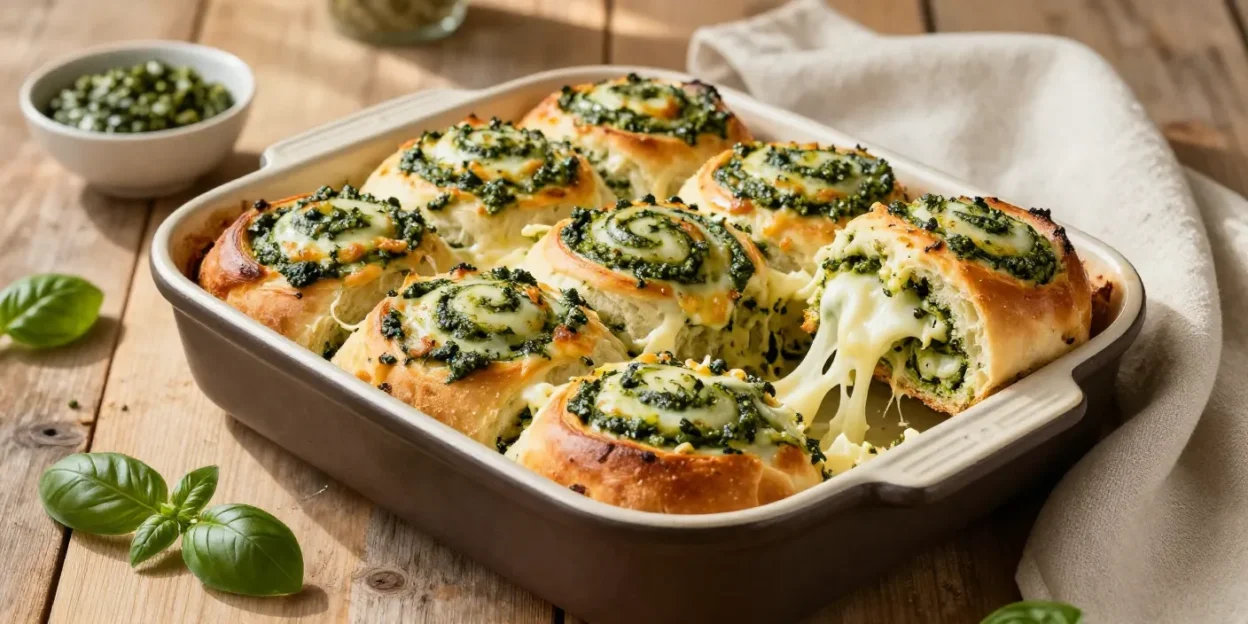 Freshly baked cheesy pesto rolls with golden tops, melted cheese, and basil pesto swirls served warm in a baking dish.