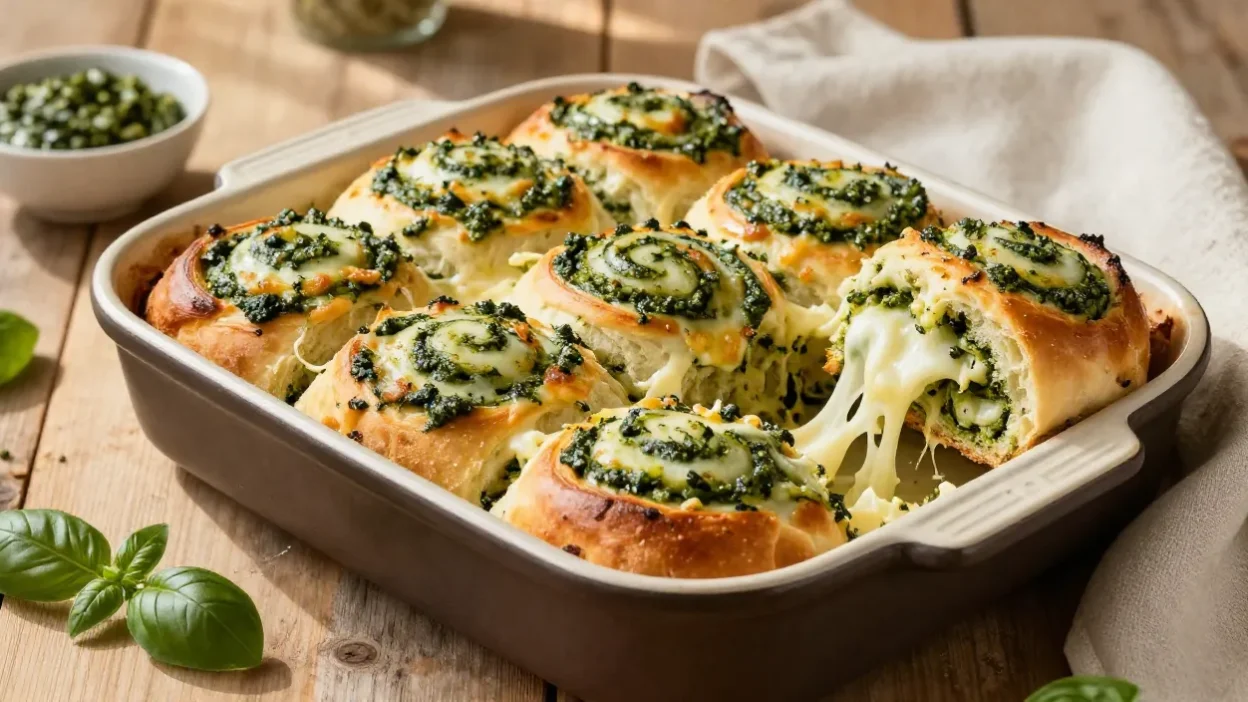 Freshly baked cheesy pesto rolls with golden tops, melted cheese, and basil pesto swirls served warm in a baking dish.