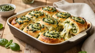 Freshly baked cheesy pesto rolls with golden tops, melted cheese, and basil pesto swirls served warm in a baking dish.