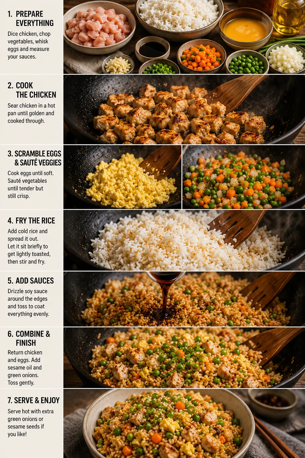 Step-by-step fried rice recipe: prep ingredients, cook chicken, scramble eggs and vegetables, fry the rice, add sauce, finish and serve.