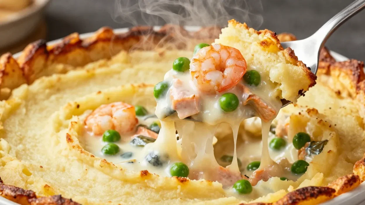 Classic fish pie with a slice removed, revealing creamy seafood filling, salmon, shrimp, vegetables, and a golden mashed potato crust.