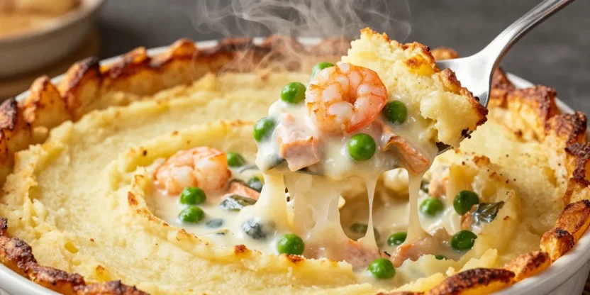 Classic fish pie with a slice removed, revealing creamy seafood filling, salmon, shrimp, vegetables, and a golden mashed potato crust.