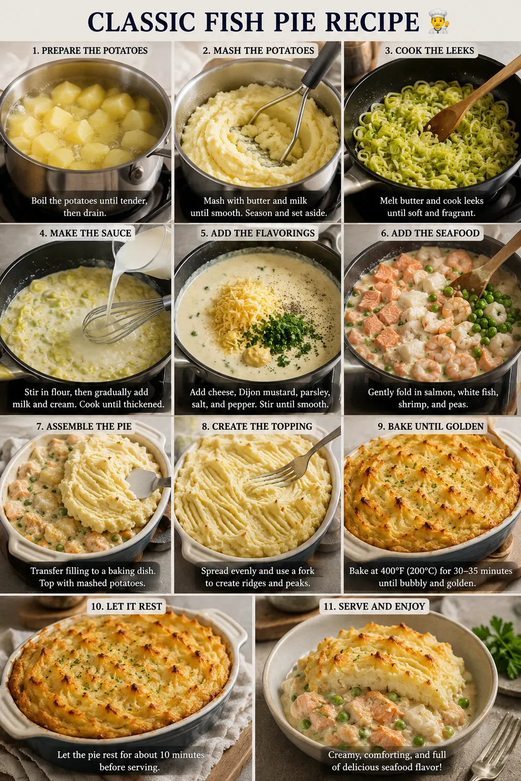Step-by-step collage showing the preparation of classic fish pie, from cooking potatoes and making the creamy seafood filling to assembling, baking, and serving the finished dish with a golden mashed potato topping.