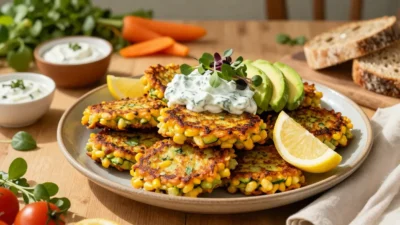 Beautifully served corn and zucchini fritters with herb yogurt, avocado, and lemon on an elegant sunlit table.