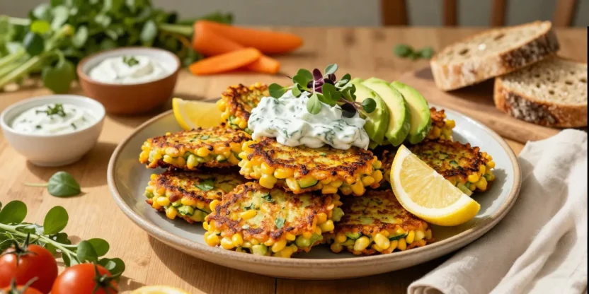 Beautifully served corn and zucchini fritters with herb yogurt, avocado, and lemon on an elegant sunlit table.