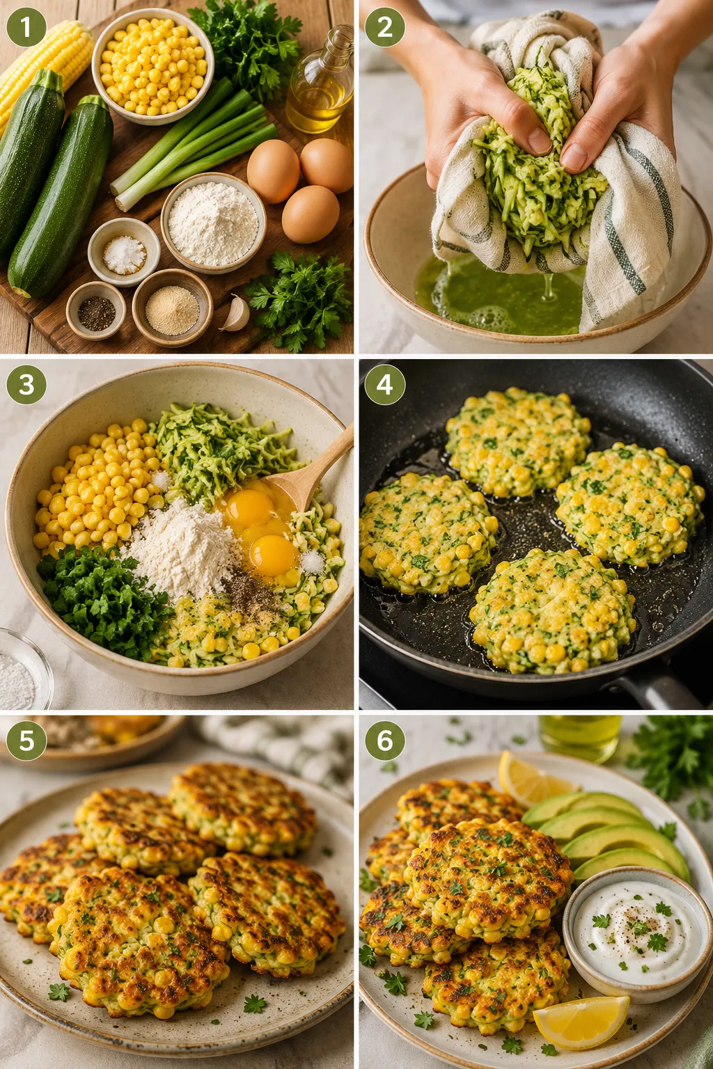 Six-frame collage showing fresh ingredients, zucchini preparation, batter mixing, fritter cooking, golden fritters, and the finished dish served with yogurt, avocado, and lemon.