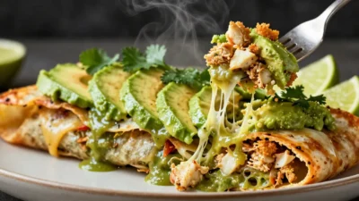 Crab avocado enchiladas baked in a ceramic dish with melted cheese, avocado slices, fresh cilantro, and lime wedges on a rustic wooden table.