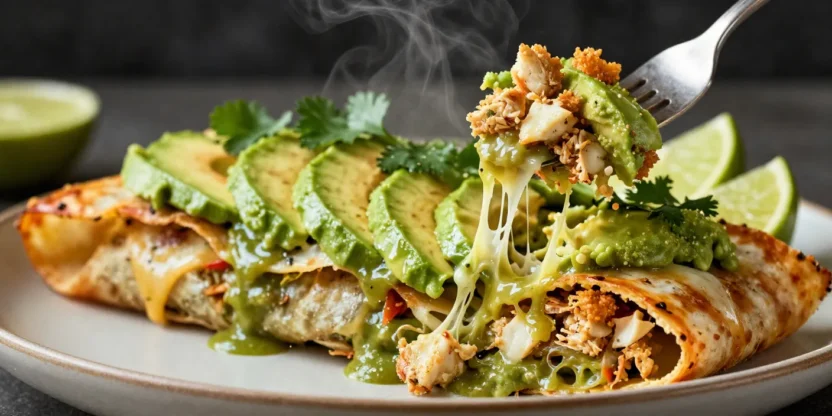Crab avocado enchiladas baked in a ceramic dish with melted cheese, avocado slices, fresh cilantro, and lime wedges on a rustic wooden table.