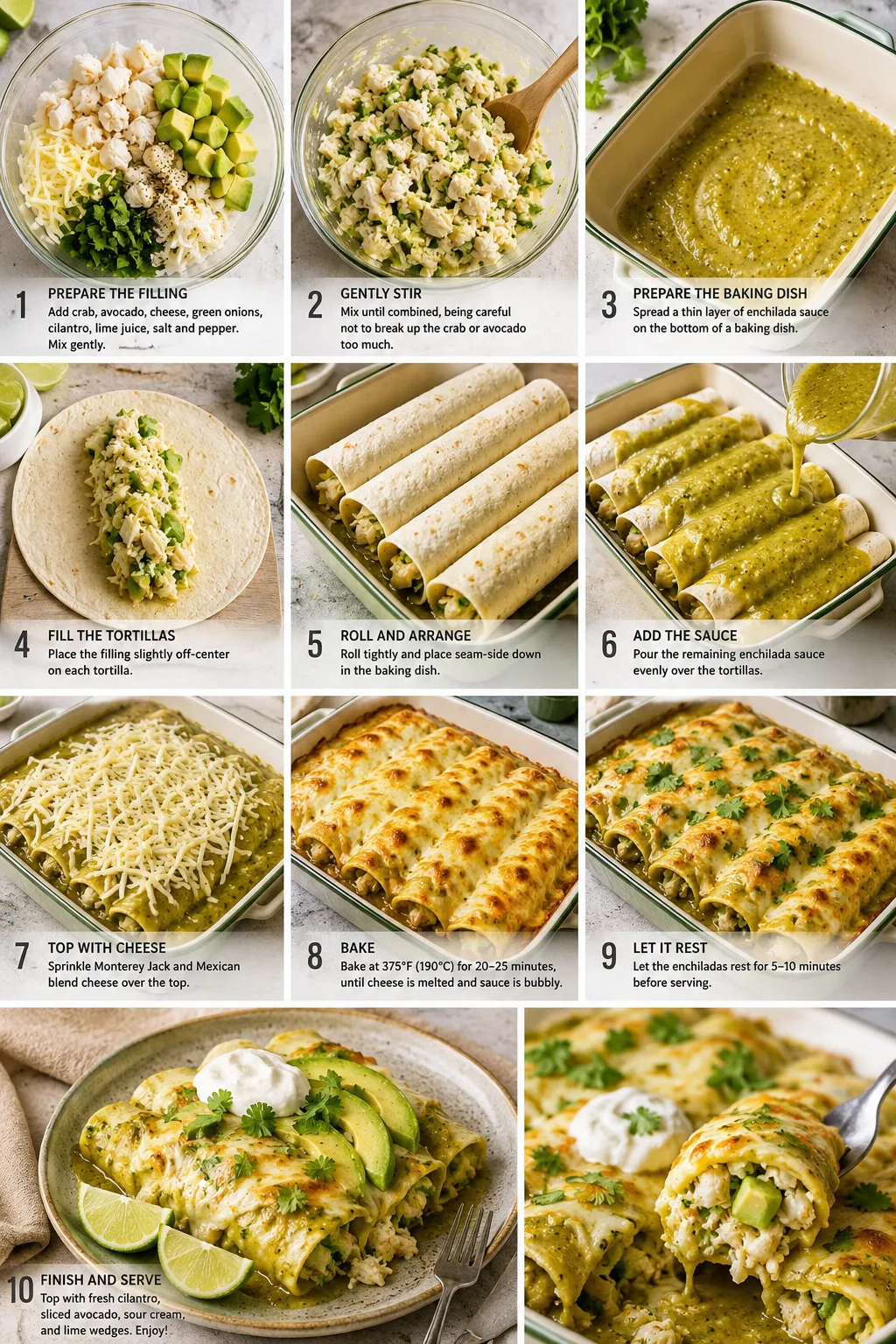 Detailed process collage showing preparation of crab avocado enchiladas, including mixing crab filling, rolling tortillas, adding sauce and cheese, baking until golden, and serving with fresh garnishes.