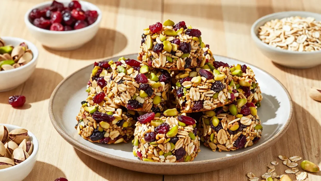 Cranberry pistachio energy bites beautifully served on a rustic platter with vibrant ingredients.