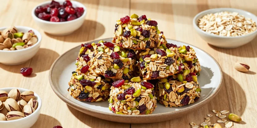 Cranberry pistachio energy bites beautifully served on a rustic platter with vibrant ingredients.