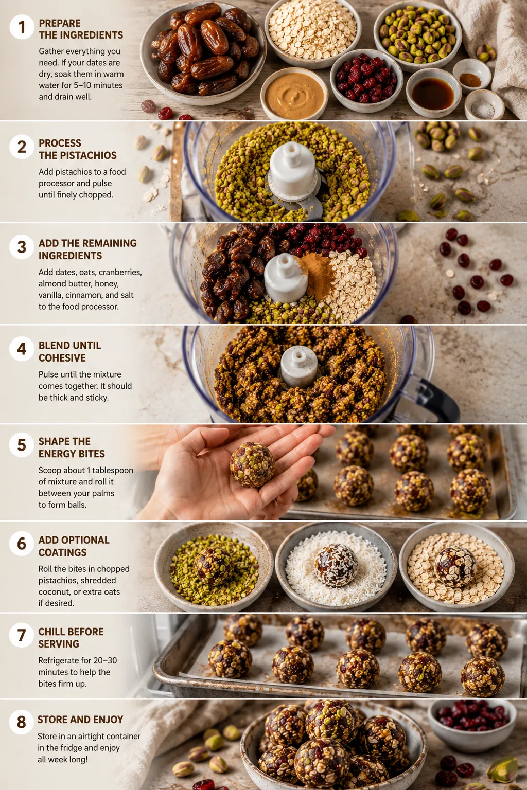 Step-by-step collage showing the process of making cranberry pistachio energy bites.