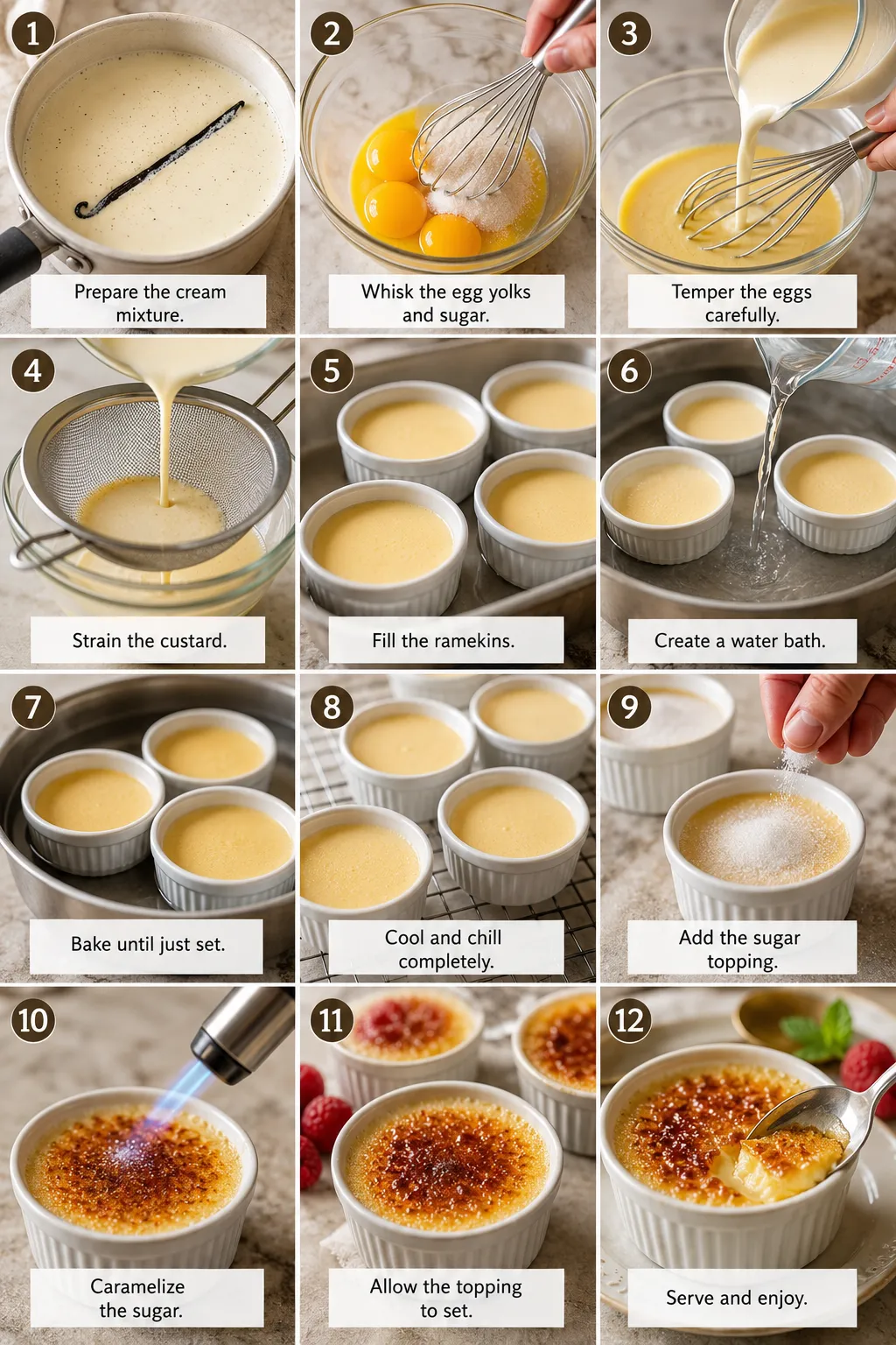 Five crème brûlée variations featuring vanilla, citrus, coffee, chocolate, and lavender flavors.