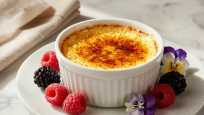 Elegant crème brûlée with caramelized sugar and fresh berries.