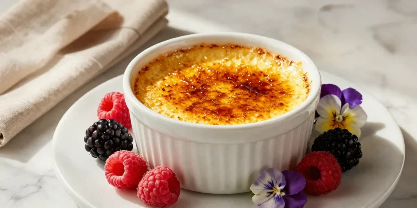 Elegant crème brûlée with caramelized sugar and fresh berries.