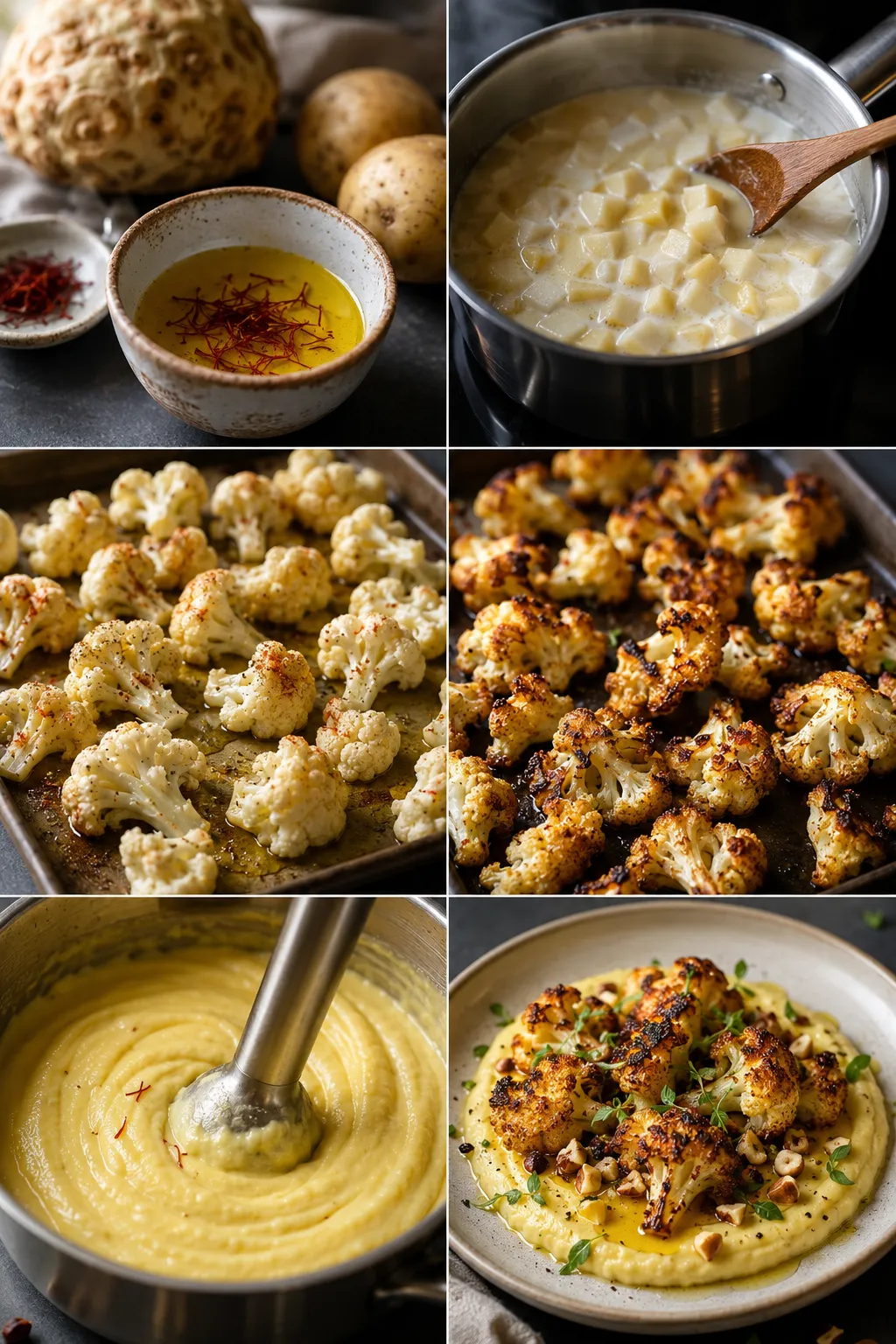 Six-scene collage showing the complete process of making crispy cauliflower with saffron celeriac purée from preparation to final plating.