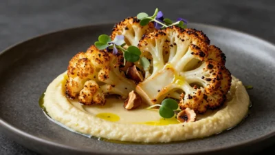 Crispy roasted cauliflower served over silky saffron celeriac purée with elegant garnishes and golden caramelized edges.