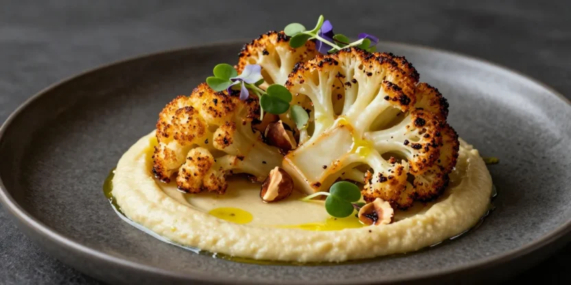 Crispy roasted cauliflower served over silky saffron celeriac purée with elegant garnishes and golden caramelized edges.