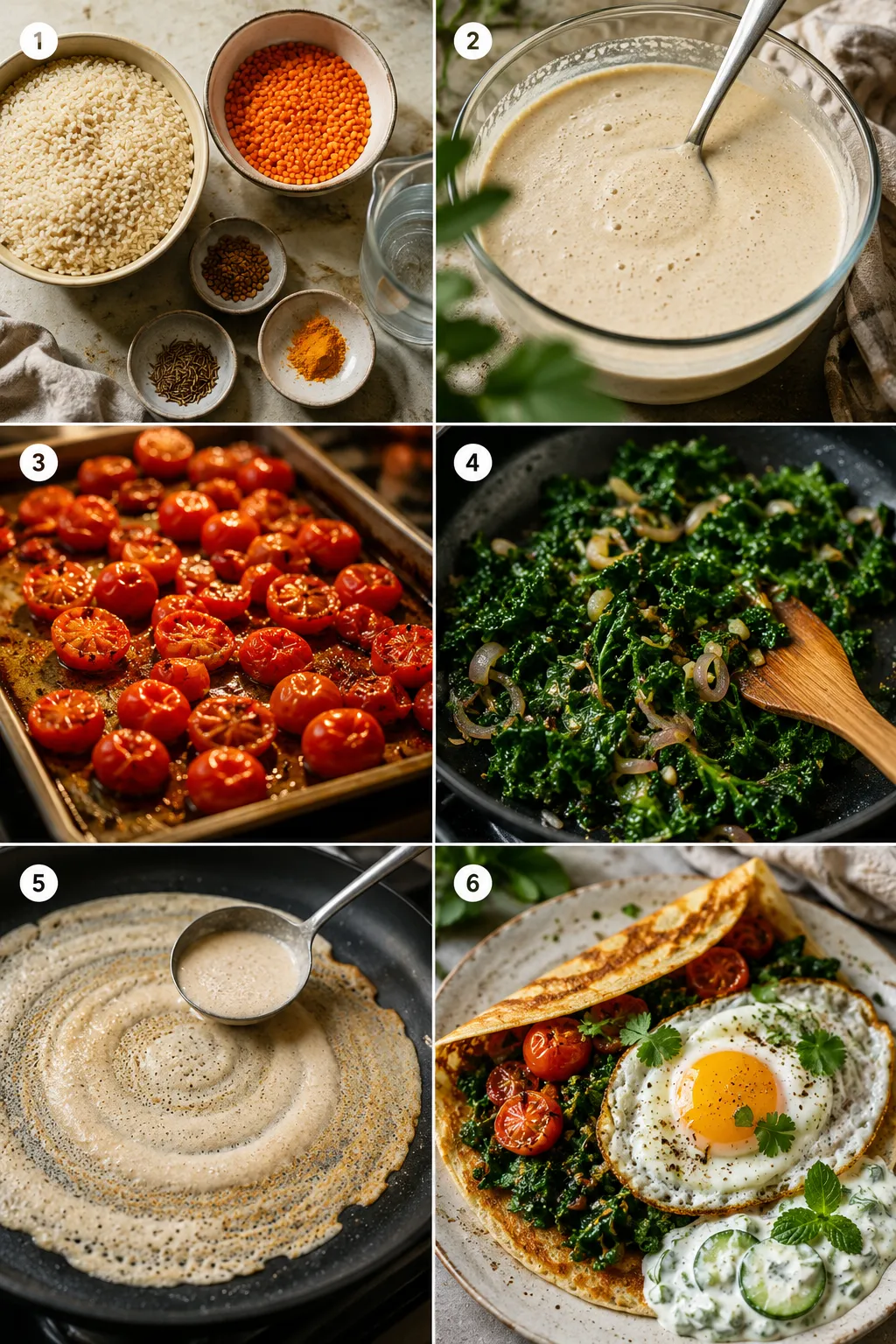 Six-step collage showing the complete process of making crispy dosa with kale, tomatoes, and raita.
