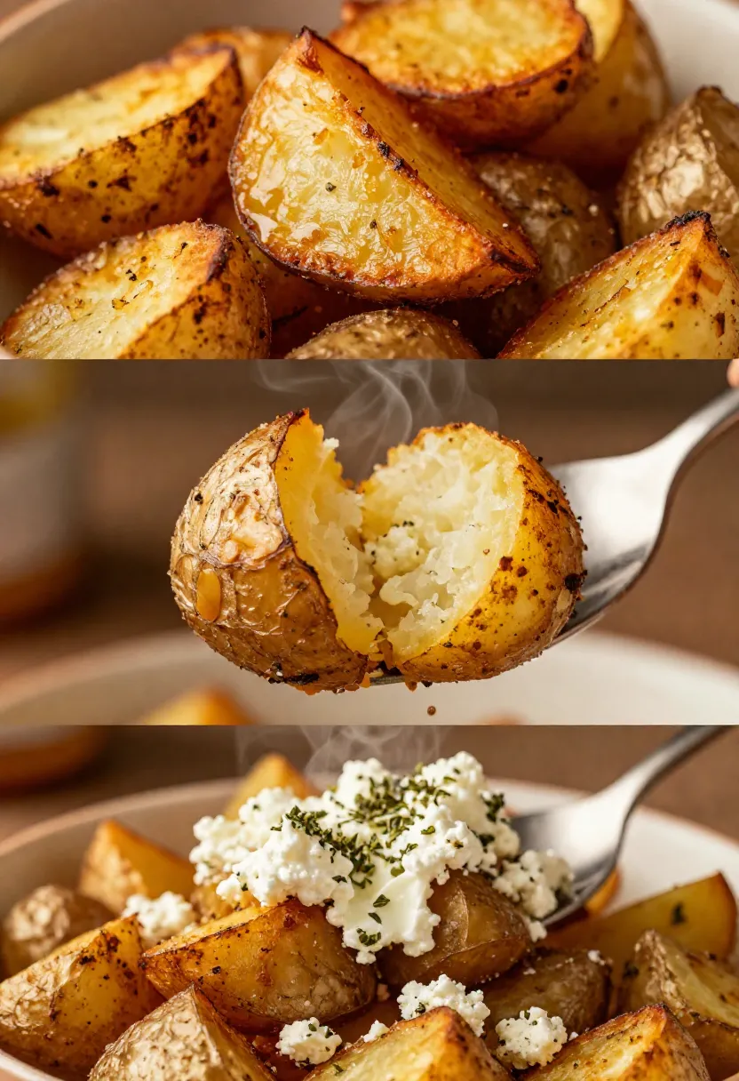Three-frame collage highlighting the crispy edges and fluffy centers of roast potatoes.