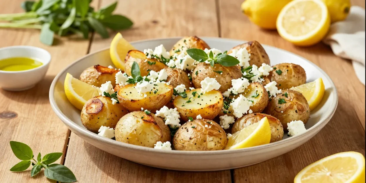 Golden roast potatoes with feta, lemon, and oregano on a beautifully styled serving platter.