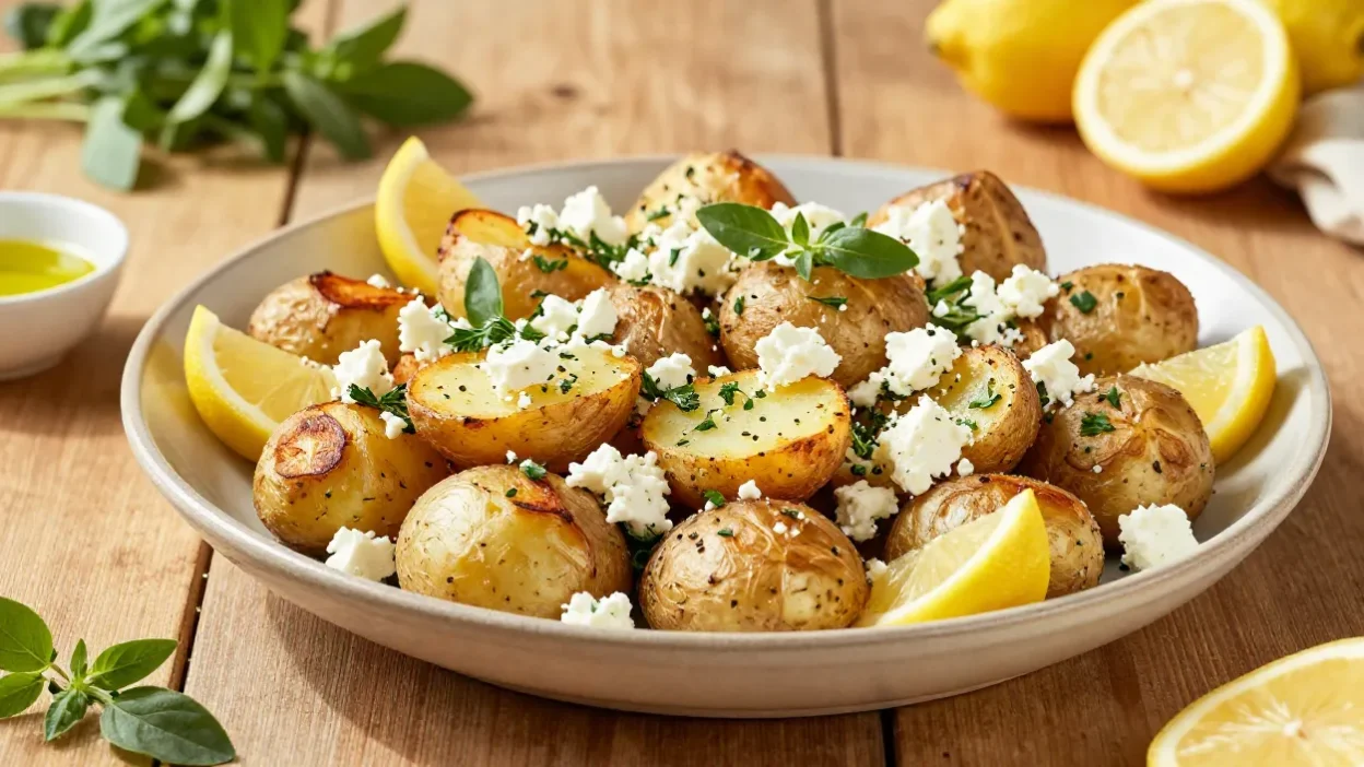 Golden roast potatoes with feta, lemon, and oregano on a beautifully styled serving platter.