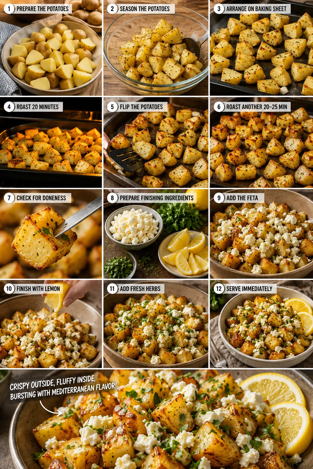 Roast potato recipe process collage showing seasoning, roasting, and finishing with feta and lemon.