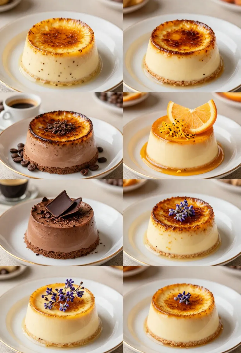 Collage of nine caramel-topped custard desserts on white plates, some with garnishes like orange slices or lavender.