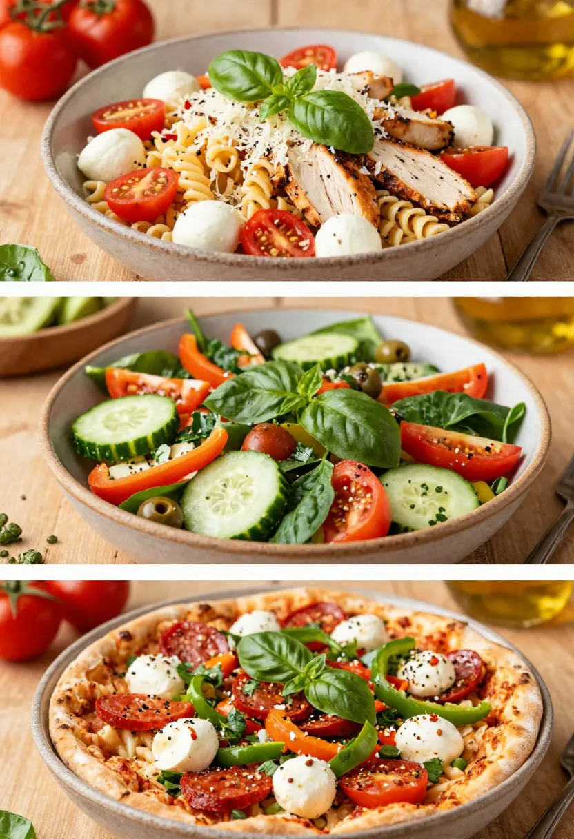 Vertical three-frame collage showing protein-packed, vegetable-loaded, and spicy variations of pizza pasta salad.