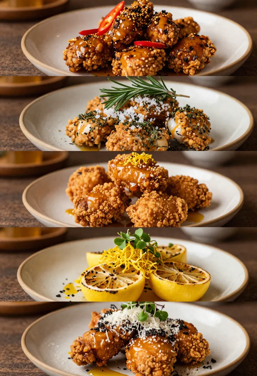Five variations of truffle honey fried chicken with spicy, herb, citrus, Parmesan, and extra-crispy toppings.