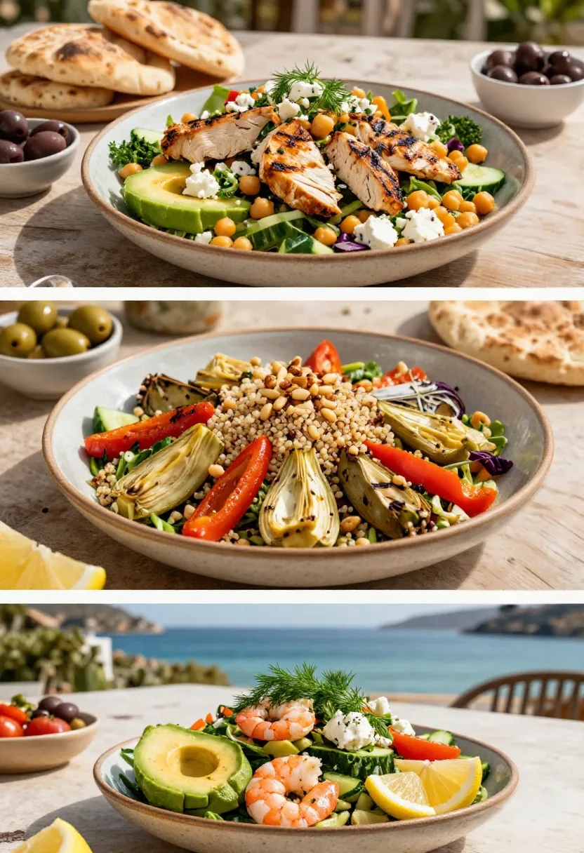 Three-frame collage showing Mediterranean salad variations with grilled chicken and chickpeas, quinoa and roasted vegetables, and avocado with shrimp.