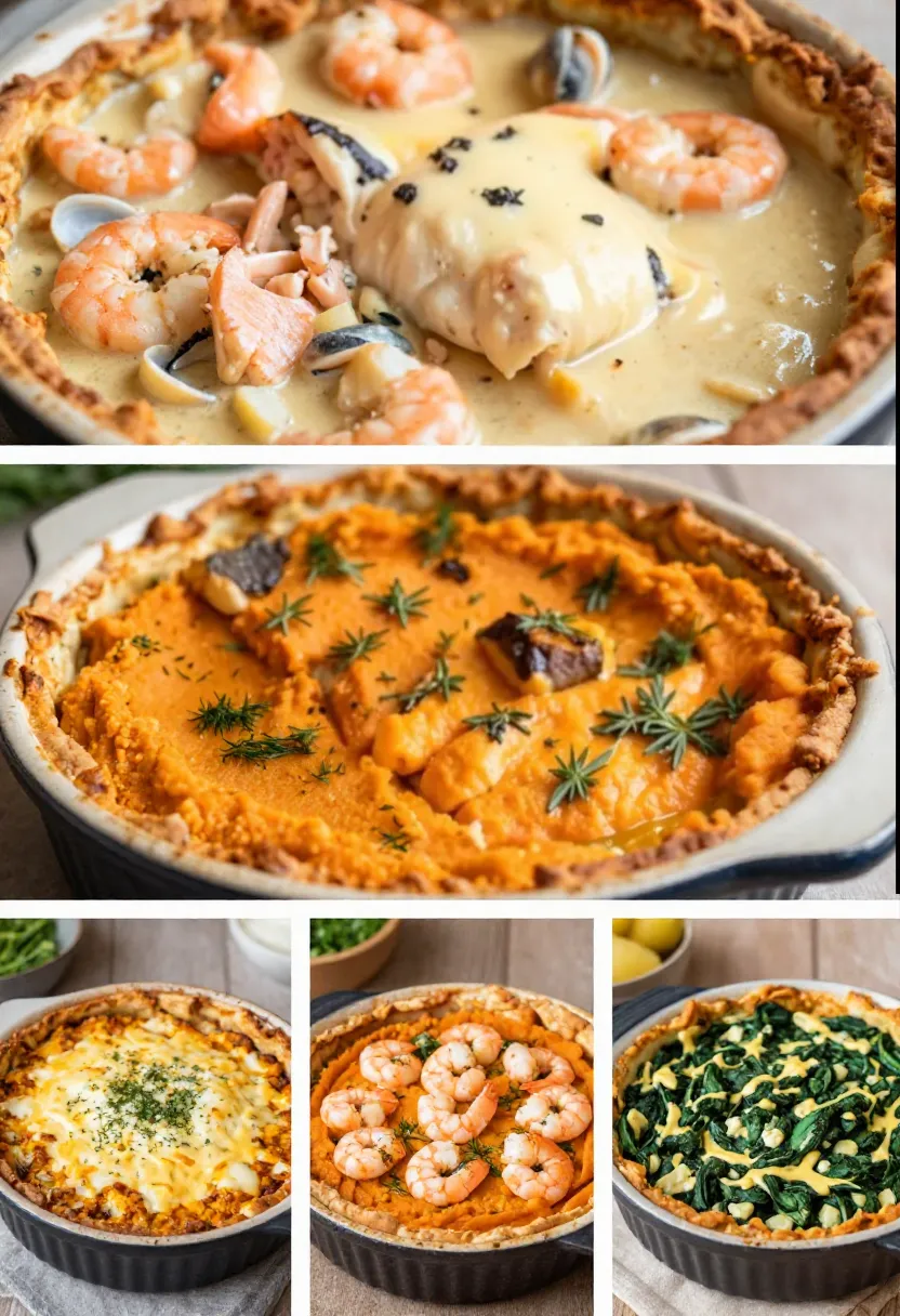 Three-frame collage showing different fish pie variations with smoked fish, sweet potato topping, herbs, shrimp, scallops, and cheese.