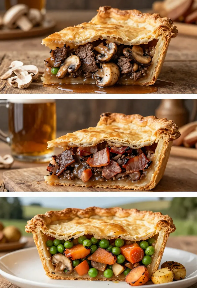 Vertical collage comparing mushroom, ale and bacon, and seasonal vegetable steak pie variations.