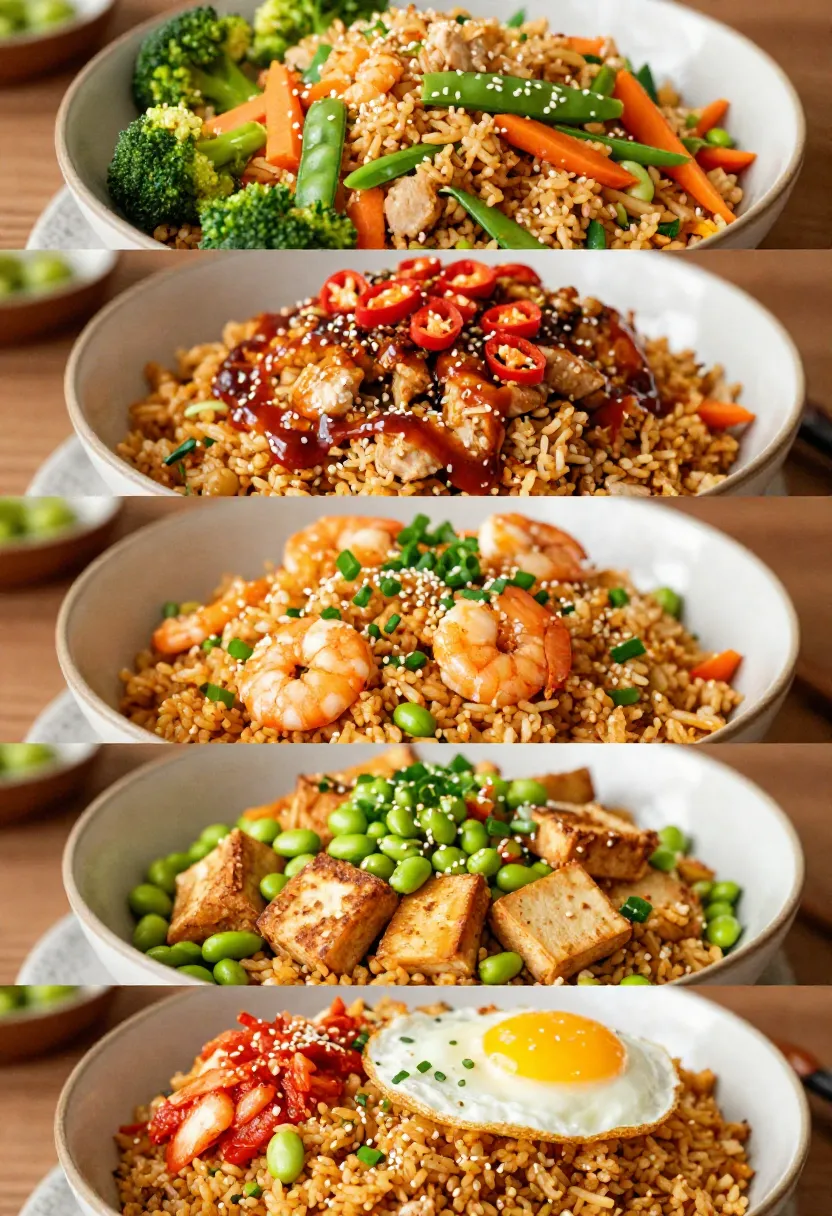 Vertical collage of five bowls of fried rice with varied toppings: mixed vegetables and sesame, spicy chicken sauce, shrimp, tofu with edamame, and a fried egg with kimchi.