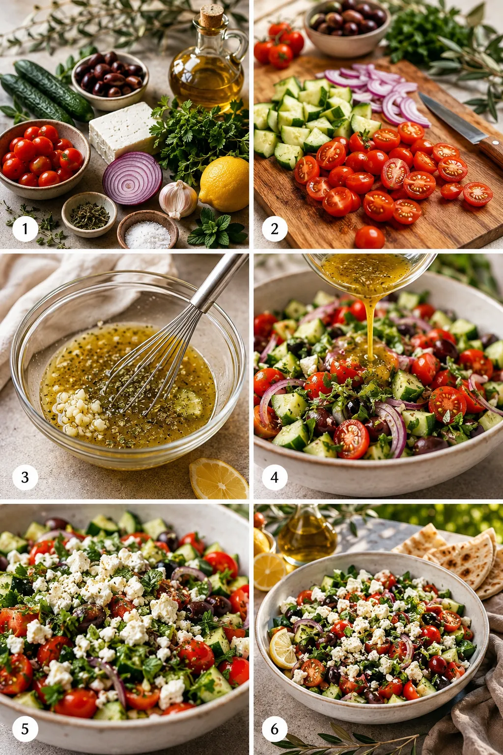 Detailed step-by-step collage showing Mediterranean salad ingredients, vegetable preparation, dressing, assembly, feta topping, and the finished salad ready to serve.