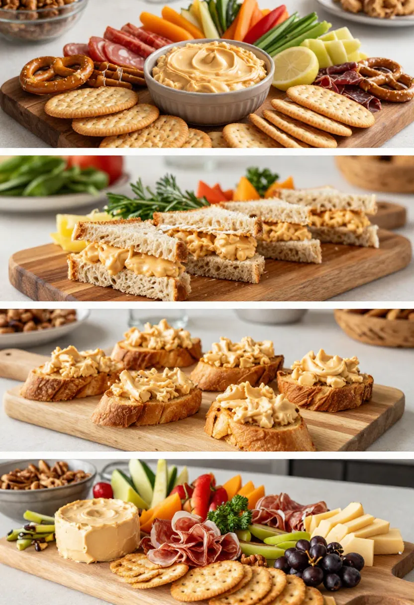 Four-scene collage showing pimento cheese served with crackers, in sandwiches, on crostini, and as part of an elegant charcuterie board.