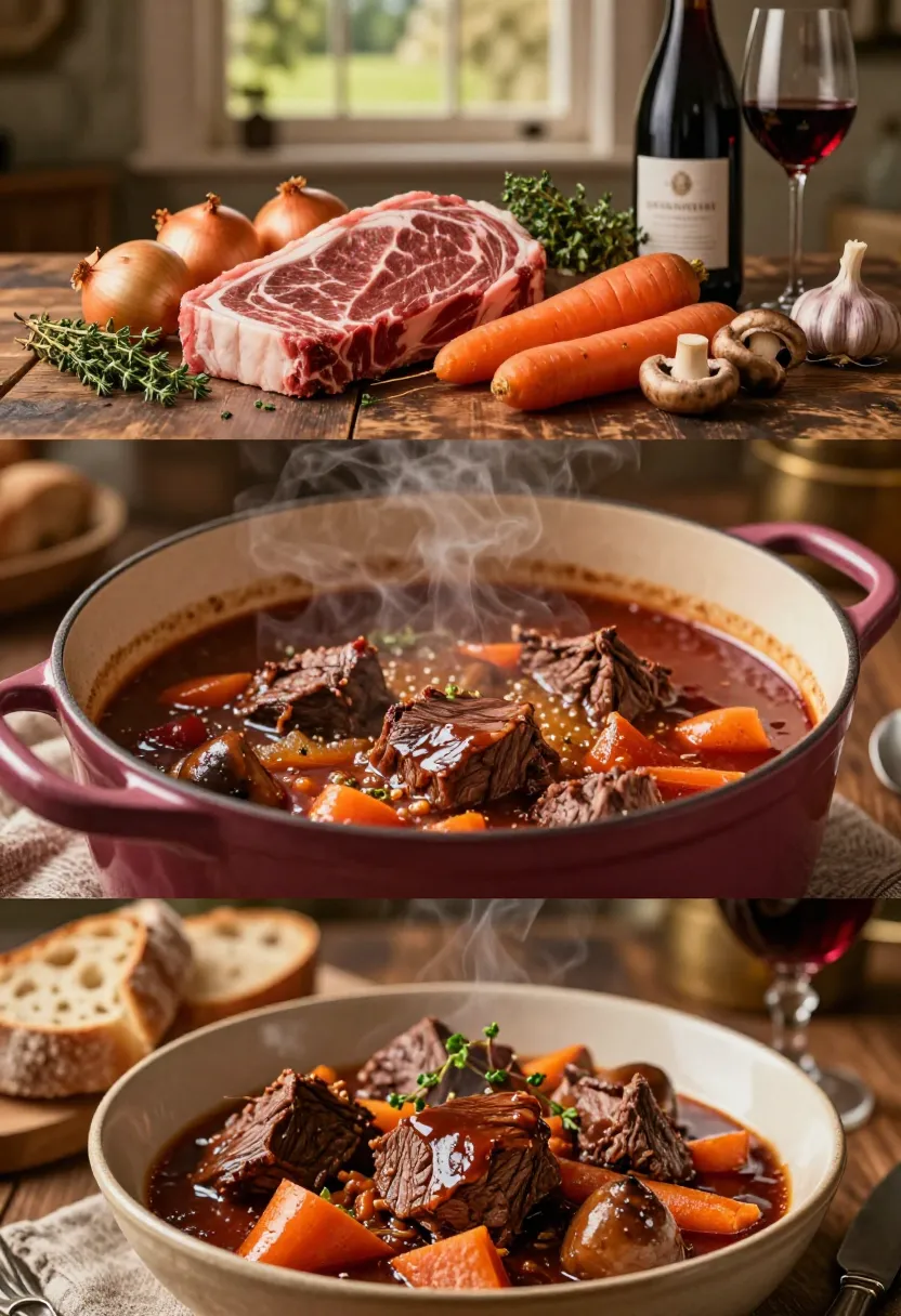 Three-panel collage showing Beef Bourguignon from simple ingredients and browning stages to the finished slow-braised French stew.