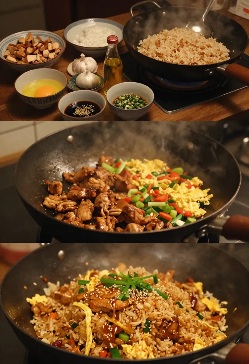 Three-step collage showing the key ingredients, cooking techniques, and finished chicken fried rice.