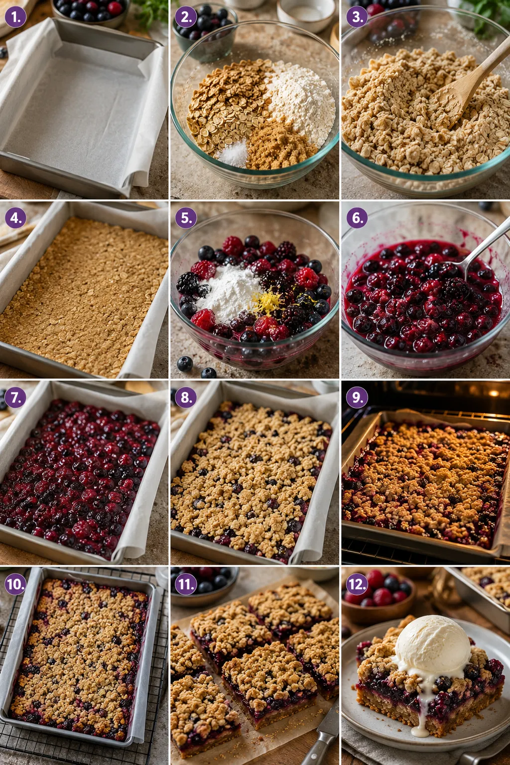 Detailed step-by-step collage showing the preparation of homemade jamun berry bars, from mixing the buttery crumble crust and berry filling to assembling, baking, cooling, slicing, and serving the finished dessert with vanilla ice cream.