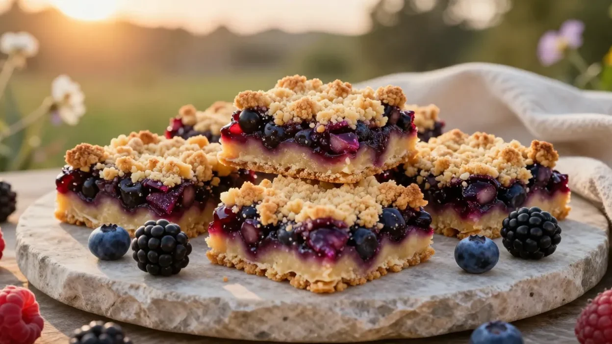 Jamun berry bars with a golden crumble topping and vibrant berry filling displayed outdoors in warm golden-hour light.