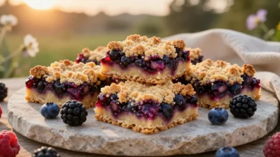Jamun berry bars with a golden crumble topping and vibrant berry filling displayed outdoors in warm golden-hour light.