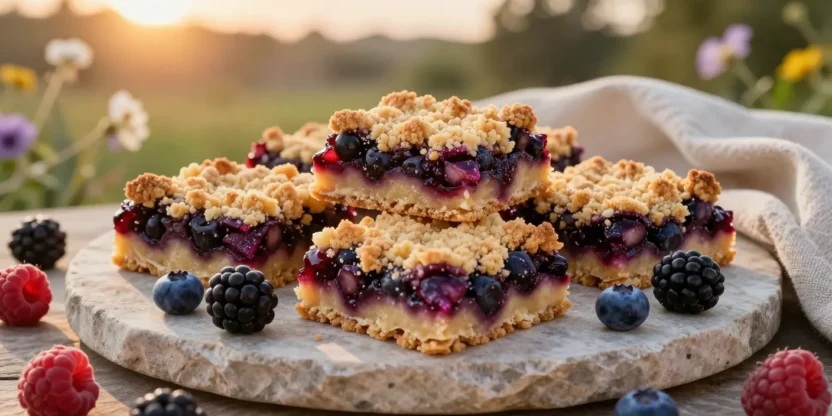 Jamun berry bars with a golden crumble topping and vibrant berry filling displayed outdoors in warm golden-hour light.