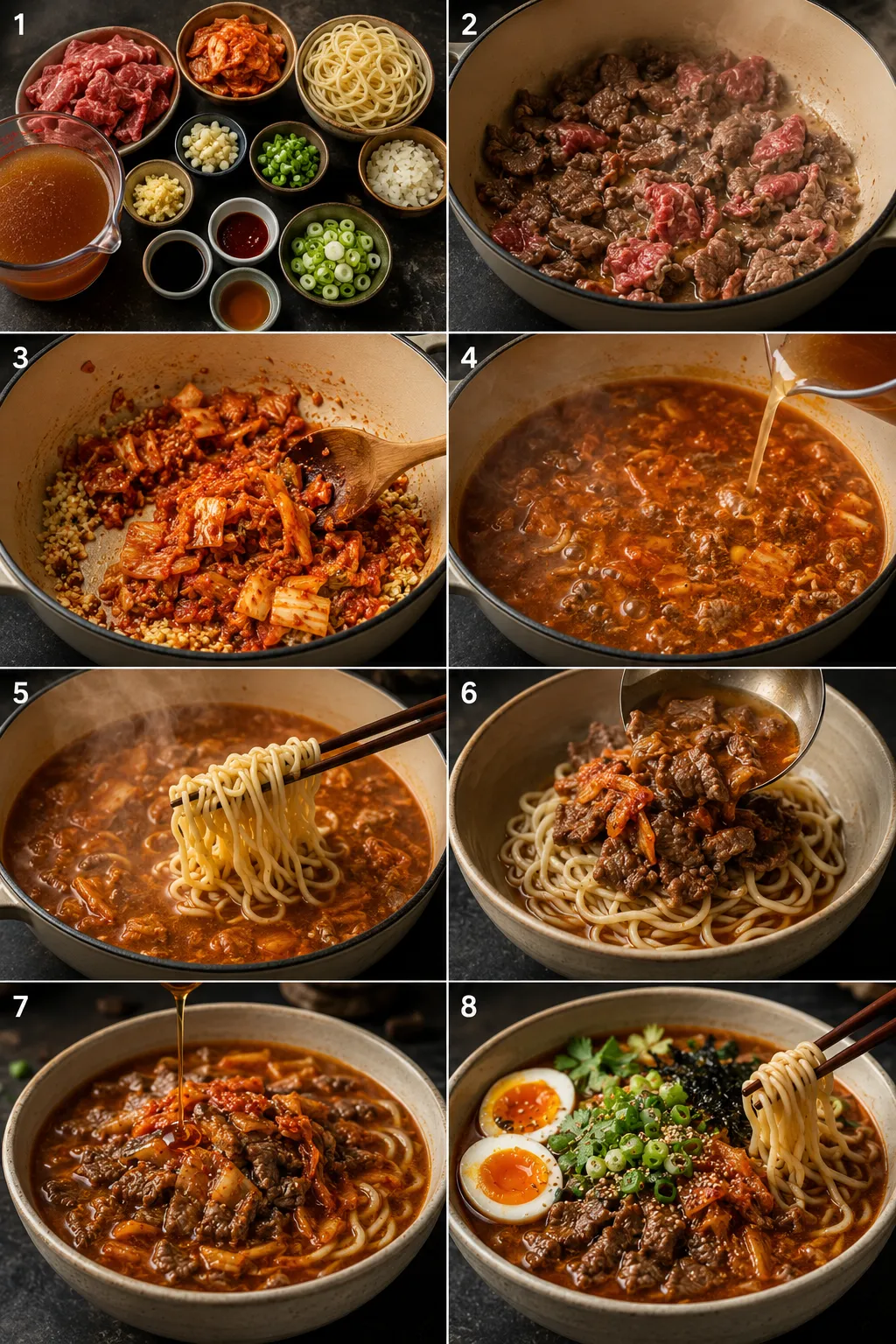 Step-by-step vertical collage showing the complete process of making homemade kimchi beef noodle soup from ingredients to the finished bowl.